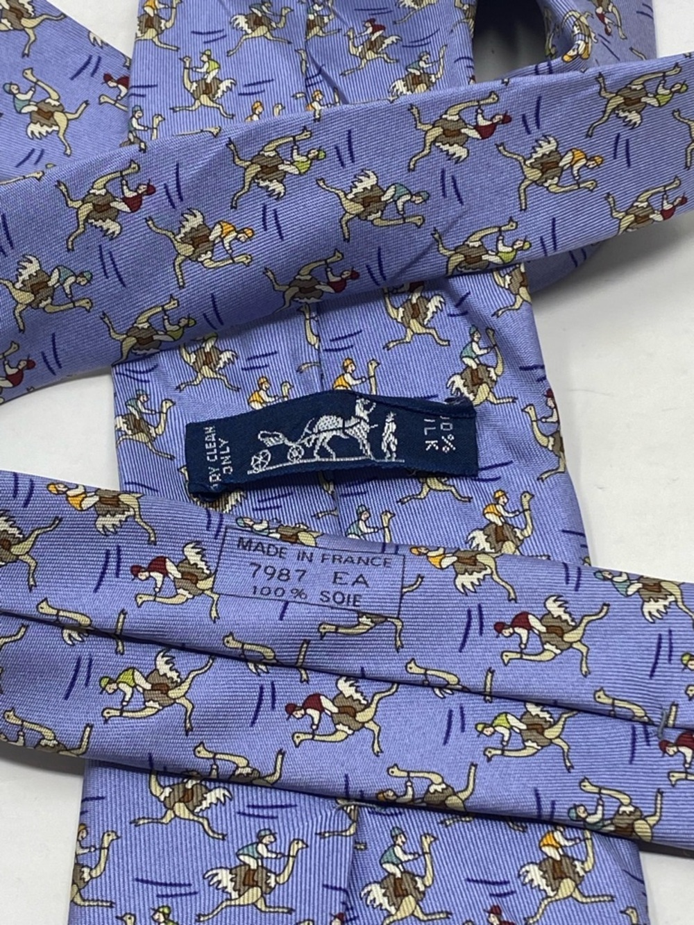 Hermes Mens Silk Tie Ostrich Rider Blue 7987 EA - Picture 5 of 11